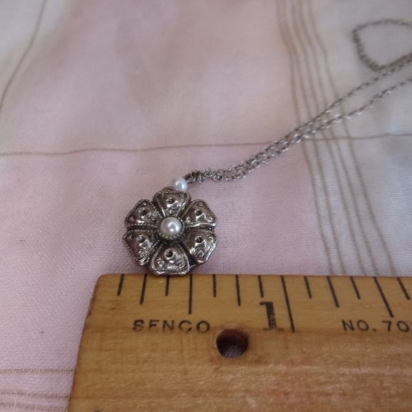 Pearl Accent Silver Tone Floret Locket Necklace - Picture 10 of 11